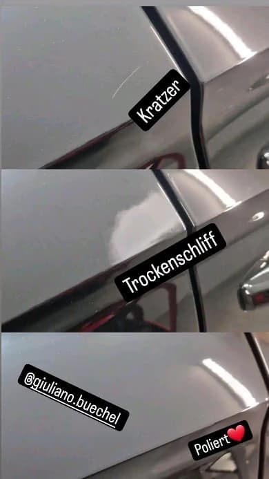 Dreiteilige Bildfolge einer Lackaufbereitung mit den Beschriftungen Kratzer, Trockenschliff und Poliert an derselben Fahrzeugflanke.
